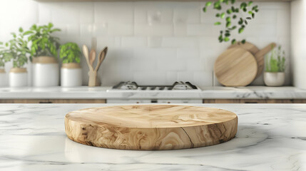 Kitchen podium background food product stand table pedestal display wooden platform Empty podium counter wood background kitchen board desk restaurant top white light marble presen