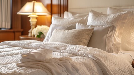 Cozy Retreat: Plush King-Size Bed with Luxurious Bedding and Pillows for a Night of Restful Sleep and Sweet Dreams