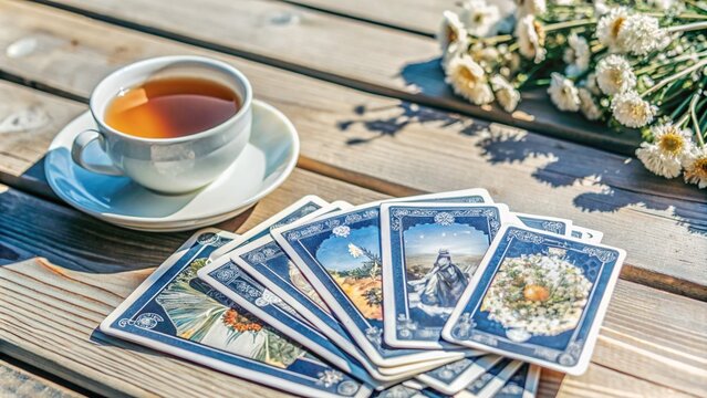 Tarot cards and a cup of herbal tea on a wooden table, suggesting a calming reading session