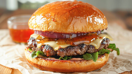 A close up view of a hamburger positioned on a table, showcasing various ingredients and textures - Powered by Adobe
