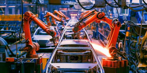 Illustration of an automotive assembly line , with robotic welding body line.