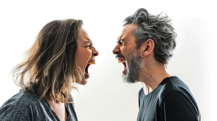 an angry woman and man shouting at each other, white background