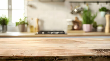 Wooden table top on blurred kitchen interior with copy space