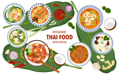 Set of vector banner illustrations with flat letters, delicious food. Thai food, red curry, tom yam, cooking from the top view, recipe, menu, restaurant for food design, poster. and background.
