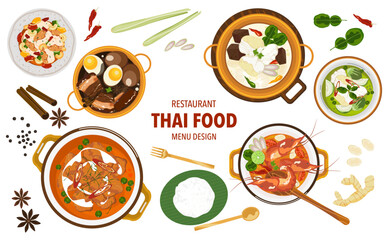 Set of vector banner illustrations with flat letters, delicious food. Thai food, red curry, tom yam, cooking from the top view, recipe, menu, restaurant for food design, poster. and background.
