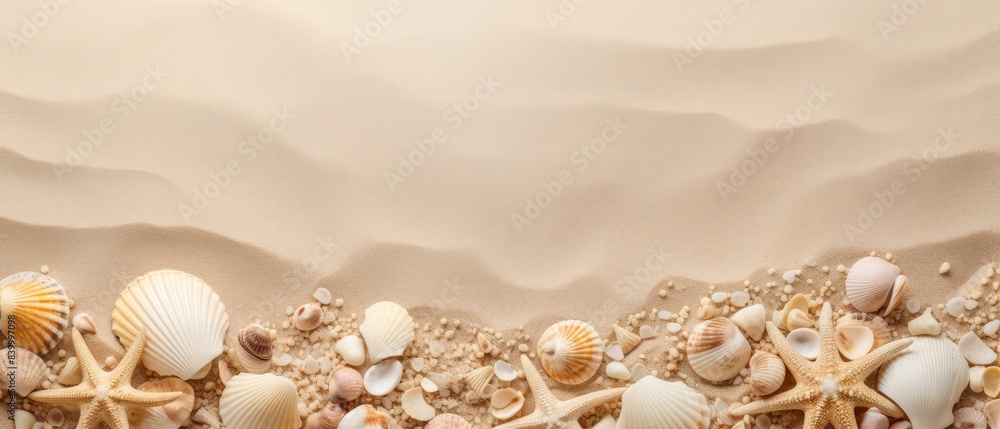 Wall mural a beach scene with sand and shells. the sand is a light tan color and the shells are scattered throu - Wall murals