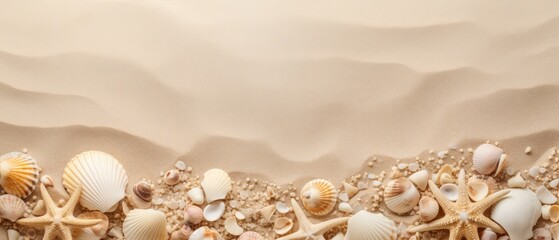 Naklejka premium A beach scene with sand and shells. The sand is a light tan color and the shells are scattered throughout the scene. Scene is calm and peaceful, as if one were walking along the beach