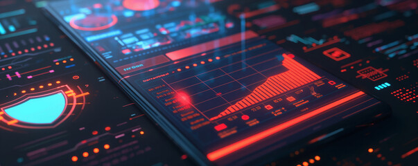 Obraz premium a digital illustration of advanced security technology with holographic elements, smartphone, including virtual doors and graphs, glowing on an isolated dark background