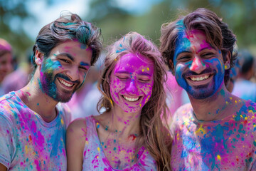 Obraz premium Three happy people covered in colored powder are smiling at the camera during a leisure activity