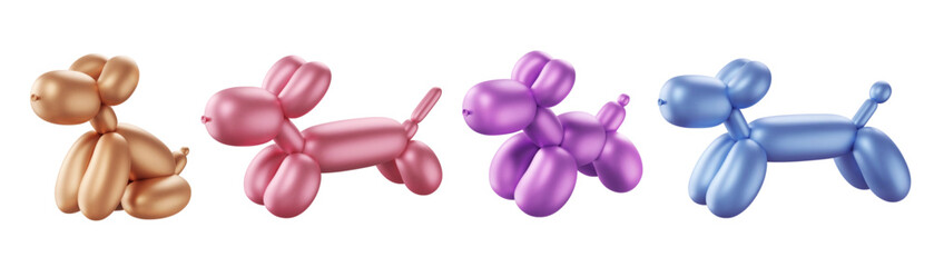 3d balloon dogs set. Bubble animals. Inflated toys. Metallic puppy sculpture render. Multicolored glossy vector illustration. Isolated cartoon creative design element. Funny twisted party figurine. © Marina