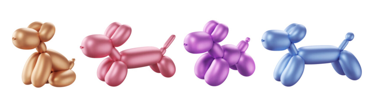 3d balloon dogs set. Bubble animals. Inflated toys. Metallic puppy sculpture render. Multicolored glossy vector illustration. Isolated cartoon creative design element. Funny twisted party figurine.