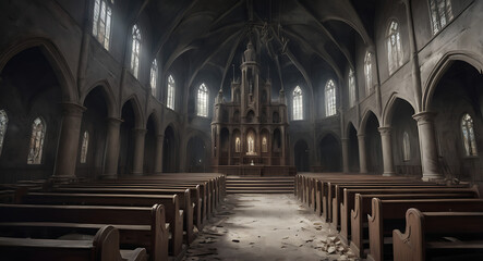 A detailed concept image of an epic church in a haunted house with copy space, scary, holy,