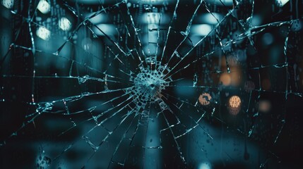 A close-up shot of a shattered window pane in an office, likely vandalized, with blurry lights in the background