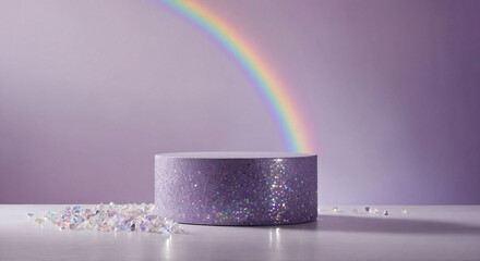 Empty stage, cylinder podium on soft lilac background with rainbow crystal light refraction sparkles on minimal background, Pedestal for cosmetic product and packaging mock ups display presentation