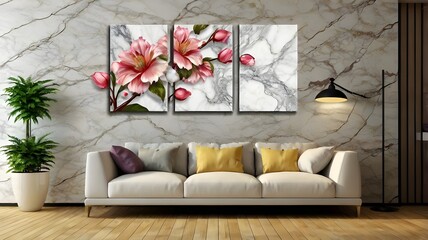 3 panel wall art, marble background flowers designs, wall decoration.