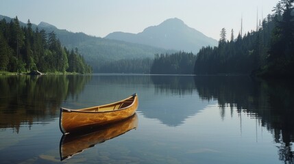 Tranquil Reflections: Canoe on Serene Lake with Mountain and Forest Scenery