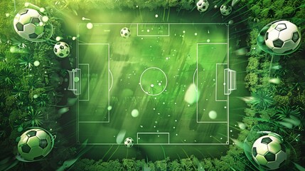 a dynamic soccer template featuring an abstract football pitch as the backdrop, textured with layers of green gradient that mimic a well-manicured turf.