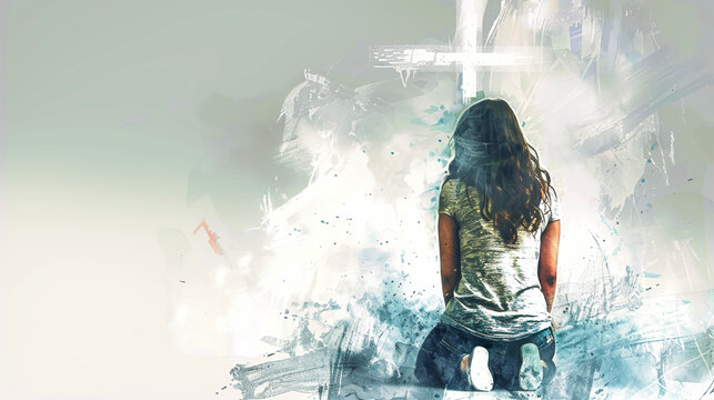 A woman kneels in prayer before a cross, with an ethereal background