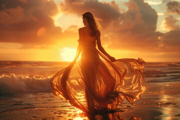 A woman in a flowing dress on a beach at sunset