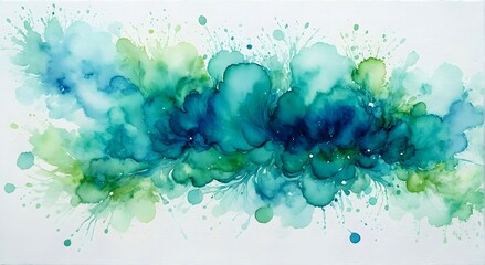 An abstract watercolor splash in shades of blue and green, blending softly on a white background. Art. Illustration. Painting. 1