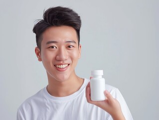 half side view, dynamic funny poses, handsome china young man in babyblue school shirt, young and hopeful, holding a white pill bottle in his hand, attractive appearance, looking at the camera isolate