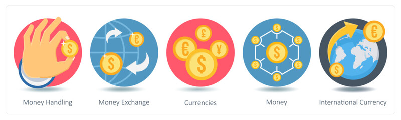 A set of 5 Shopping icons as money handling, money exchange, currencies