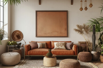 Mockup frame in a boho nomadic interior background with rural decorations