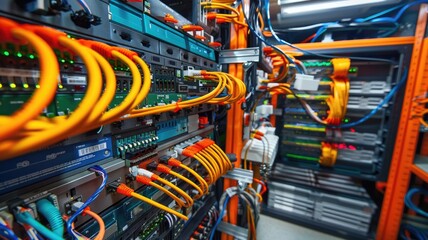 optical fiber distribution frame in a telecommunications room, organizing and protecting fiber optic cable connections