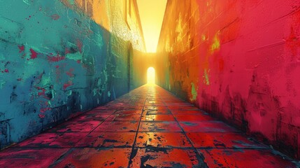 Wallpaper high quality painting digital art, alley, street walkway to door, wide angle, retro aesthetic, bright colors background, 
