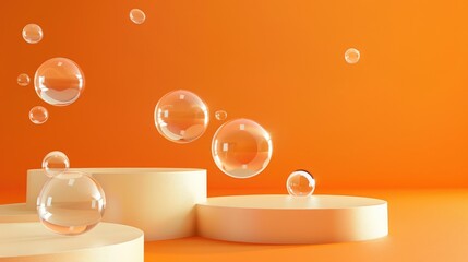 Minimal podium with air floating geometric bubbles on a vibrant orange background, creating a modern abstract scene.