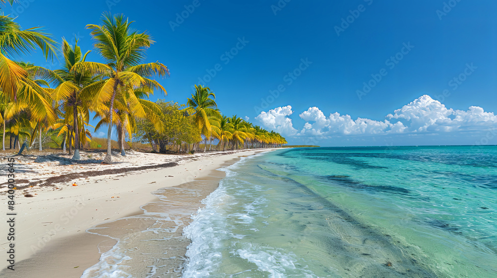 Wall mural a beautiful beach with palm trees and a clear blue ocean - Wall murals