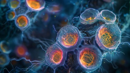 Microscopic view of abstract colorful stem cells, highly magnified, showcasing vivid colors and detailed structures