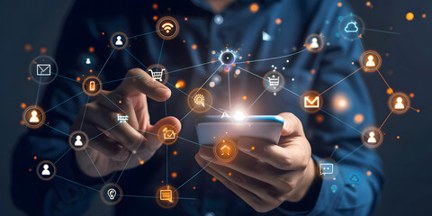 Customer journey concept. Businessman use smartphones with virtual customer journey icons, and journey evaluations to boost satisfaction, encourage repeat business, and drive revenue growth