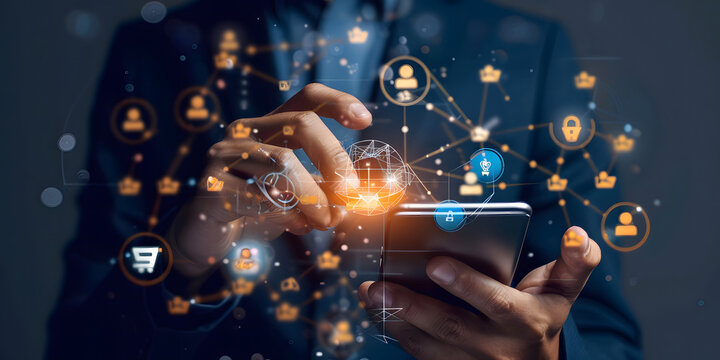 Customer journey concept. Businessman use smartphones with virtual customer journey icons, and journey evaluations to boost satisfaction, encourage repeat business, and drive revenue growth