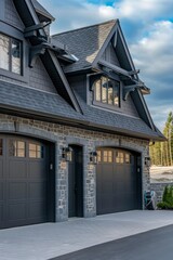 Obraz premium A large house with a black garage door and a black roof. The house is surrounded by a lush green lawn and has a driveway leading up to it