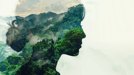 Side silhouette portrait of a woman, double exposure with green mountains and lush trees, symbolizing harmony with nature.