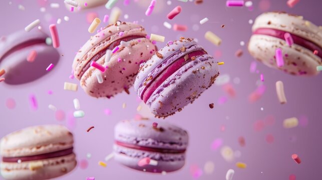 Colorful macarons flying through the air with confetti on a purpul background. High quality photo
