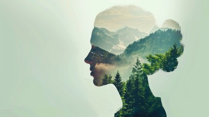 Side silhouette portrait of a woman, overlayed with a green forest and mountain scenery, emphasizing natural harmony.