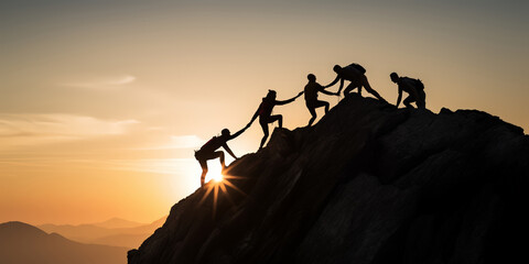 silhouette Team of mountain climbers helping each other reach the top of the mountain Business, teamwork, a goal, collaborate, success and help.