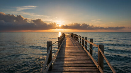 Fototapeta premium Golden sunlight in the evening and a long wooden bridge extending into the sea