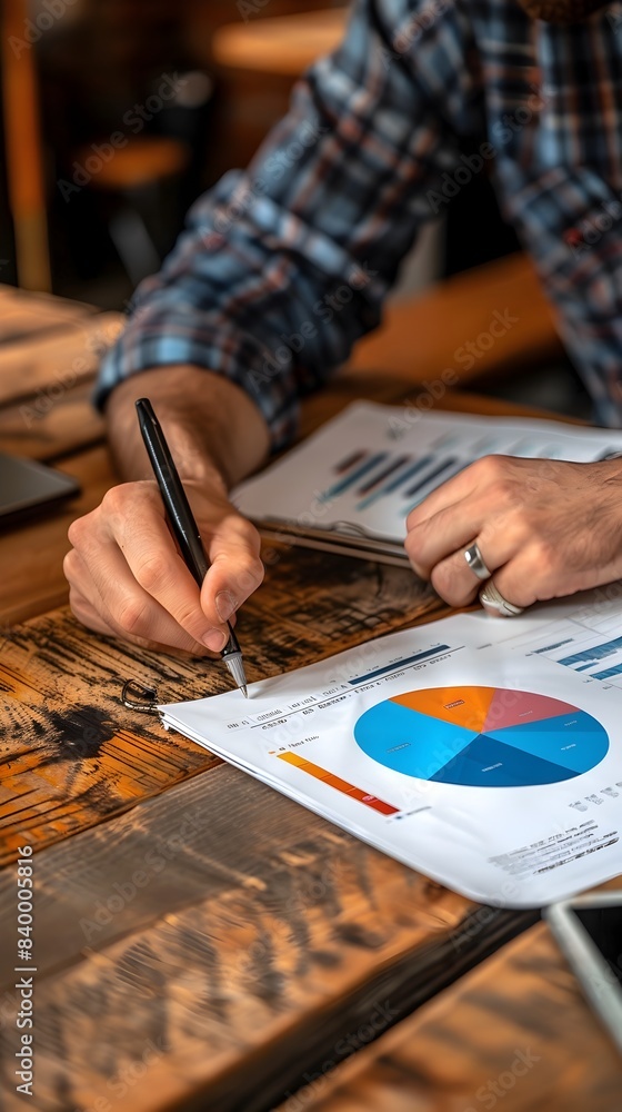 Poster financial advisor explaining asset allocation to client using pie chart