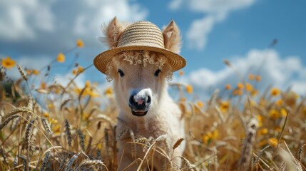 Curious Chubby Pony in Straw Hat - Summer Portrait in Wheat Field | Realistic Stock Photo
