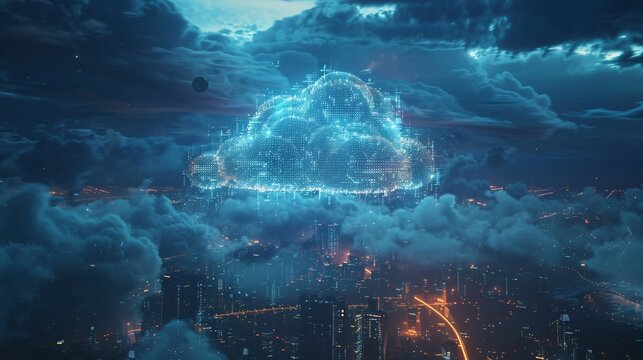 A digital cloud floats over a futuristic cityscape at night, symbolizing advanced cloud computing and technology integration.