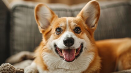 Guilty Corgi Caught in the Act: Adorable Dog Trying to Hide Evidence of Mischievous Behavior with Mouth Full of Brown Paste, Humorous Animal Stock Photo