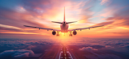 Airplane approaching runway at sunrise. A rear view of an airplane descending towards a runway, with a vibrant sunrise sky and clouds below