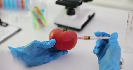 Scientist injects syringe with liquid into tomato - Powered by Adobe