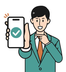 認証画面が表示されたスマホを見せているビジネスマン