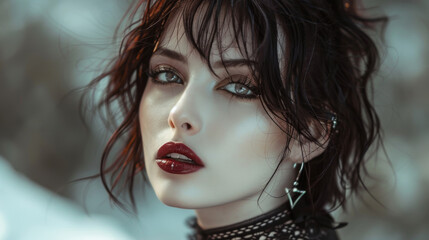 Fototapeta premium Portrait of a brunette Goth style inspired woman, fashion and make-up shoot. Gothic, Goth, Emo, New Wave, Dark style fashion. Dark smokey make-up, red lipstick. Dramatic. Elegant.