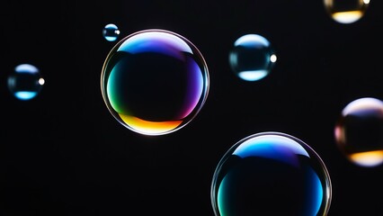 colorful luminous bubbles floating against black background. concepts: colorful light effects, digital art, abstract art, background for digital designs, presentations or websites.
