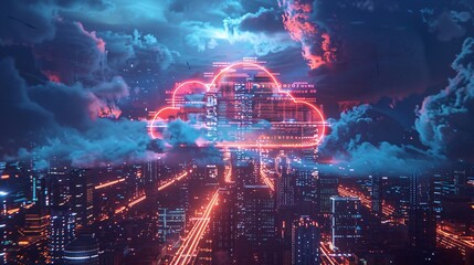 Obraz premium A red digital cloud hovers above a futuristic cityscape, representing advanced technology and cloud computing innovations.